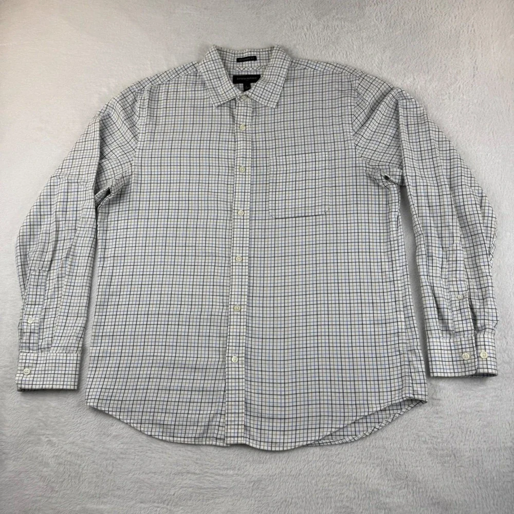 Banana Republic Button Down Shirt Mens L White Blue Plaid Untucked Fit Cotton